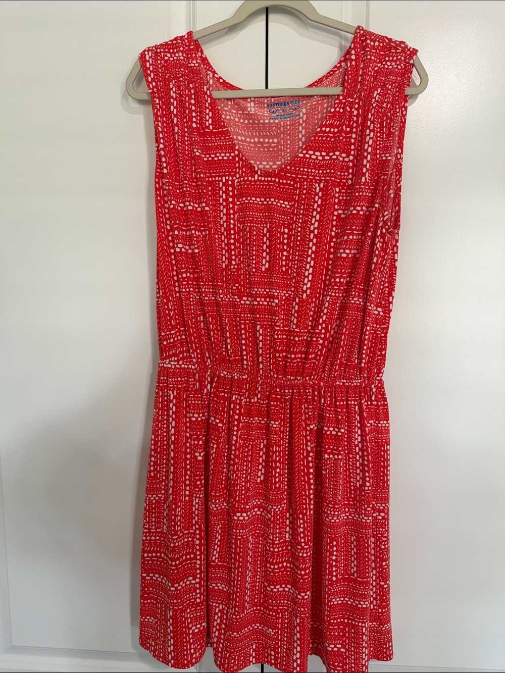 Southern Tide Red and White Sleeveless Printed Mini Dress